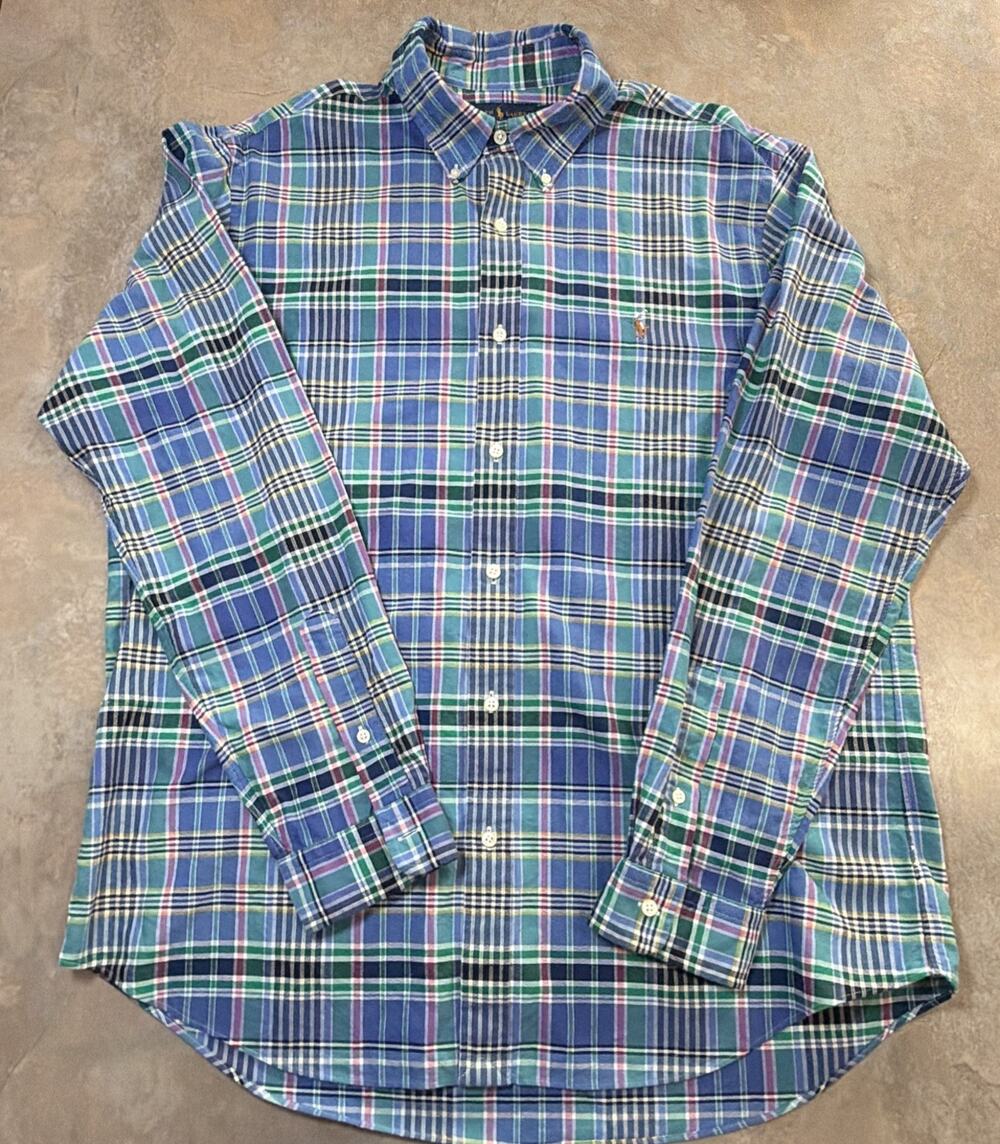 Ralph Lauren Button Down Shirt Mens XL Blue Green Plaid Classic Fit Cotton
